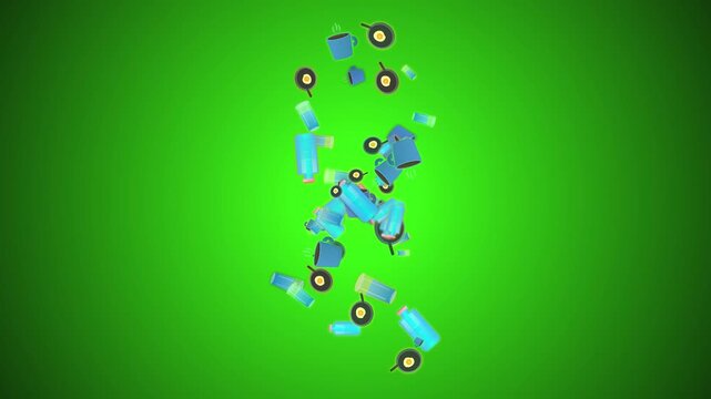 Animated breakfast items falling against a solid green background