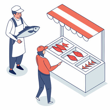 Vendor showing fish to customer at open air seafood market stand with customer