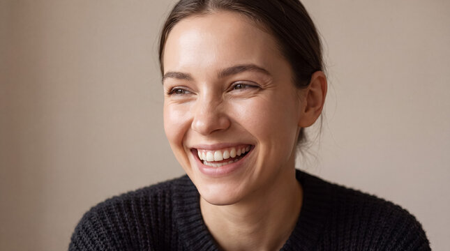 Young woman broadly smiling and laughing, showing happiness and joy with a natural expression and healthy teeth