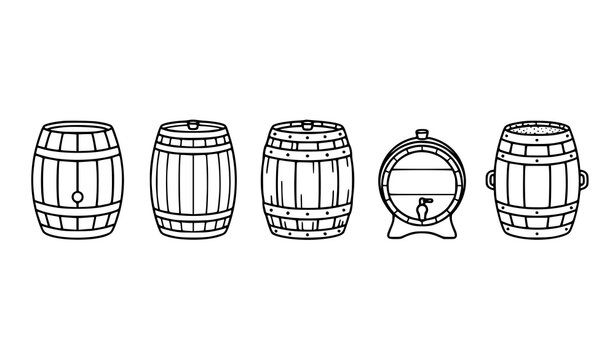 Traditional Wooden Beer and Wine Barrel Outline Icons Vector Set