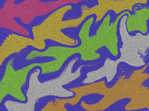 Abstract multicolored camouflage pattern featuring vibrant wavy shapes against a deep indigo textured backdrop surface design