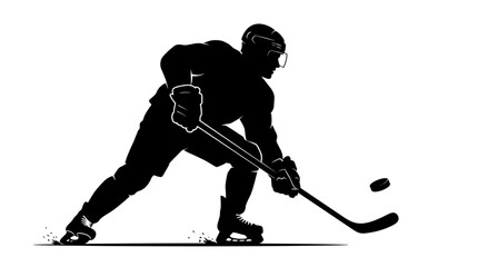 Obraz premium Ice hockey player silhouette in action, professional athlete skating with stick and puck, black and white sports vector illustration on white background