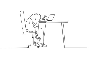 Fototapeta premium A continuous line drawing depicting an exhausted human Arab businesswoman resting her head on an office desk beside a laptop screen, expressing total burnout and fatigue in minimalist vector art.