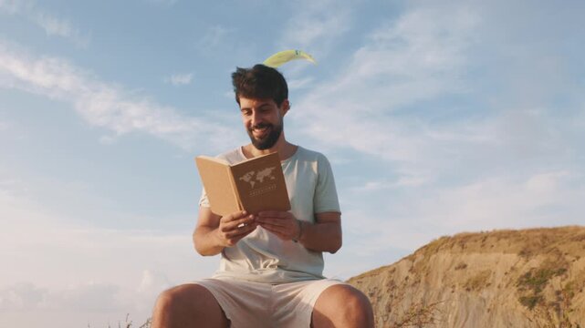 Happy remote worker dreaming of travel adventures
