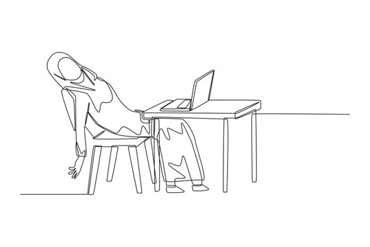 A continuous single line drawing showing an Arab businesswoman slumping backward in her office chair with exhaustion, overwhelmed by severe workplace stress and fatigue.