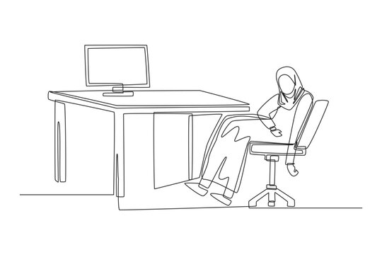 A continuous line drawing depicting an exhausted human Arab businesswoman slumping back on her office chair away from her desk, showing corporate fatigue in minimalist black vector line art.
