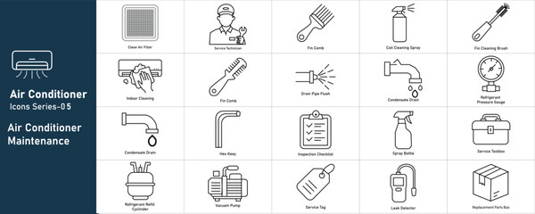 Naklejka premium Air conditioner maintenance icons set, HVAC repair service line vector elements, 20 professional cooling system technician tools and equipment