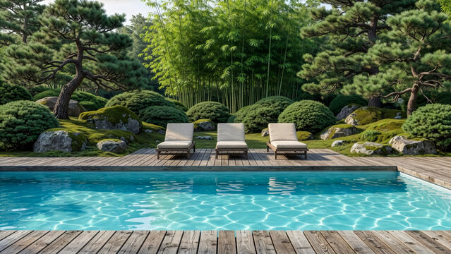 Japanese Outdoor Pool with Three Lounge Chairs and Bamboo Garden