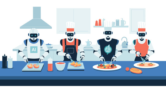 Automated robot chefs in hats and aprons preparing healthy food in modern kitchen as concept of future restaurant.