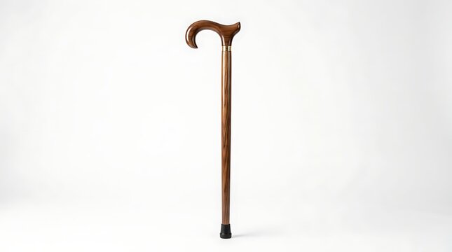 Stylish wooden walking cane with curved handle isolated on white background