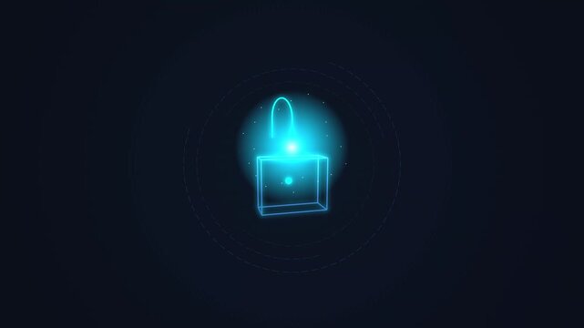Abstract digital illustration of a glowing blue unlocked padlock symbol on dark background.