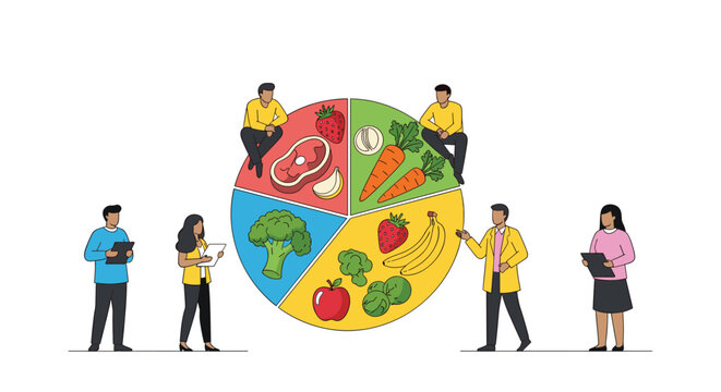 Professional nutritionists and medical specialists analyzing a balanced diet pie chart representing healthy food options and portions.