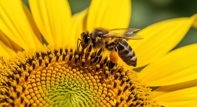 A honey bee collecting pollen on a bright yellow sunflower bloom with macro detail in natural sunlight