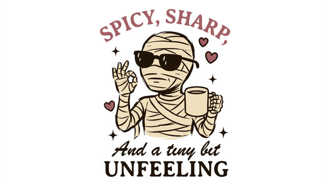 Spicy sharp and a tiny bit unfeeling. Graphic for t-shirt and apparel prints. Cool mummy drinking coffee with sunglasses and ok sign. Vintage retro hand drawn cartoon vector illustration.