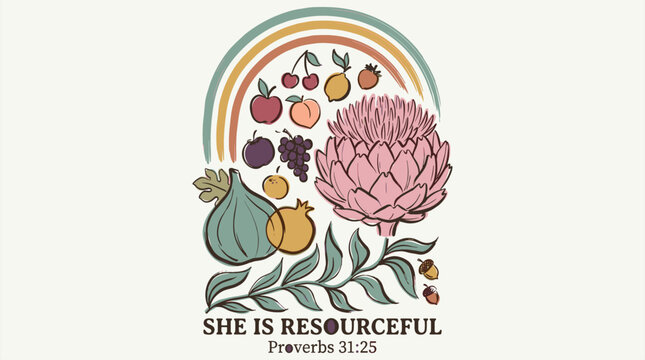 She is resourceful Proverbs 31:25 bible verse quote. Graphic print for wall art and t shirt. Boho rainbow with mixed fruits and protea flower. Hand drawn aesthetic illustration in earth tones.