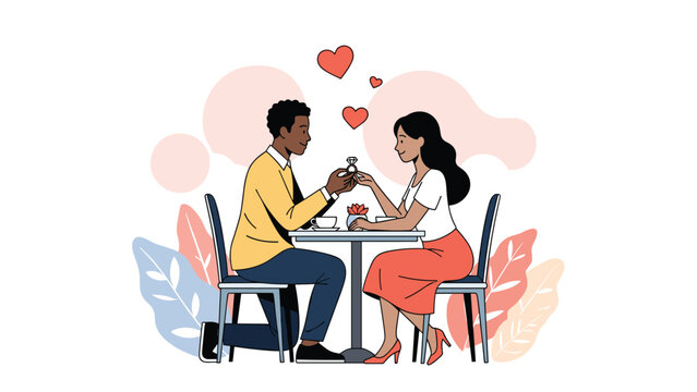 Young African American man proposing to his beautiful girlfriend with a diamond ring in a romantic restaurant.