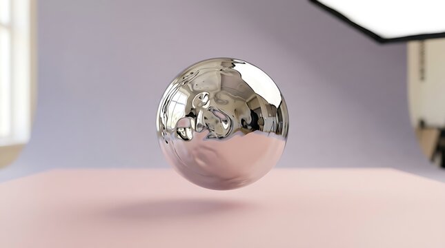 Liquid chrome sphere floating in studio. Abstract metallic ball with reflective surface.