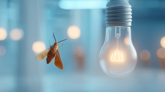 Close-up of brown moth flying near glowing incandescent light bulb indoors