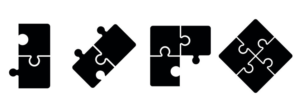 Puzzle piece icon set, jigsaw connection and teamwork solution symbols