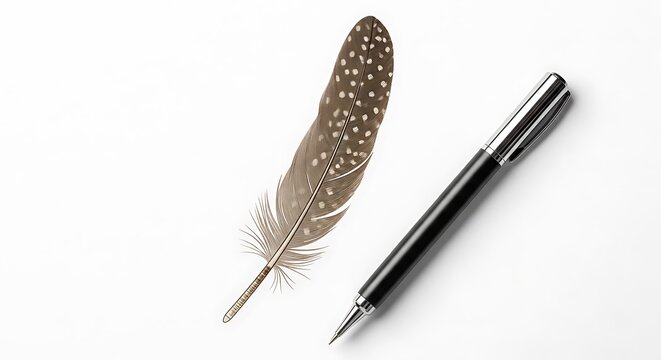 A spotted bird feather and a modern black ink pen lying together for writing and creative projects