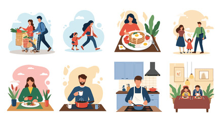 Fototapeta premium Set of diverse illustrations depicts daily family routines like cooking, shopping, breakfast, and outdoor walks.