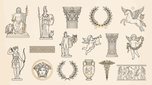 Ancient Greek Mythology Collection Featuring Classical Sculptures Gods Goddesses Laurel Wreaths and Ornamental Architectural Elements