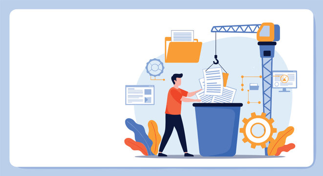 Male developer organizes files throwing documents into a giant trash bin near a digital construction crane.