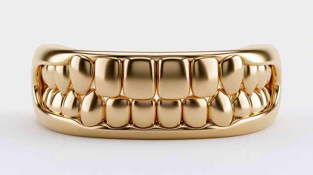 Shiny gold grills teeth jewelry isolated on white background. Hip hop fashion accessory concept for music and lifestyle ads.