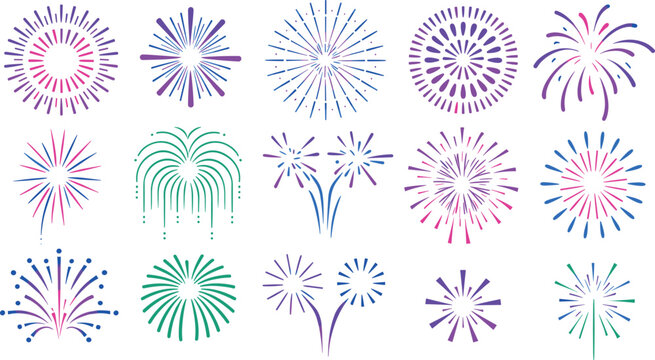 Art & IllustrationColorful Festive Fireworks and Starburst Icon Set with Purple Pink Blue and Green Burst Effects for Celebration Party and Holiday Graphic Designs