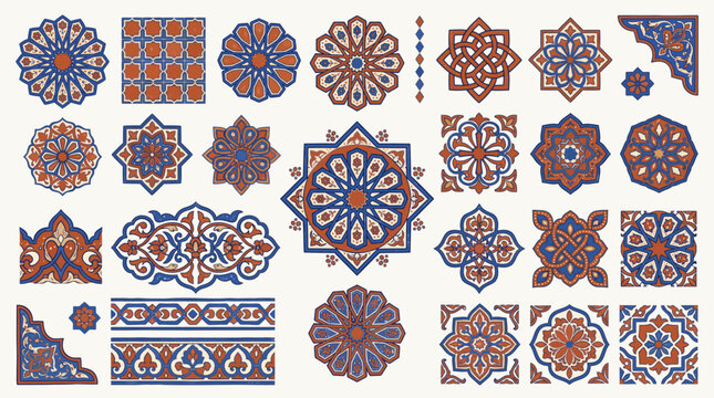 Collection of Geometric Islamic Patterns and Ornaments in Blue and Red Tones