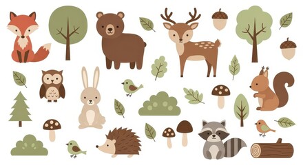 Fototapeta premium Cute Woodland Animals and Forest Elements Vector Set with Fox, Bear, Deer, and Owl for Children's Design