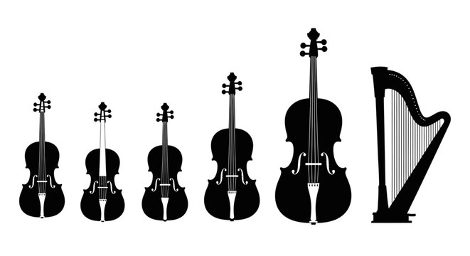 Silhouettes of string instruments with instruments harp white black silhouettes white background double bass orchestra classical violin with music