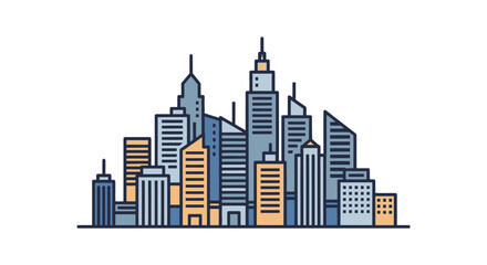 Obraz premium A vibrant illustration of a modern city skyline with diverse skyscrapers and buildings in various shades of blue, grey, and orange.