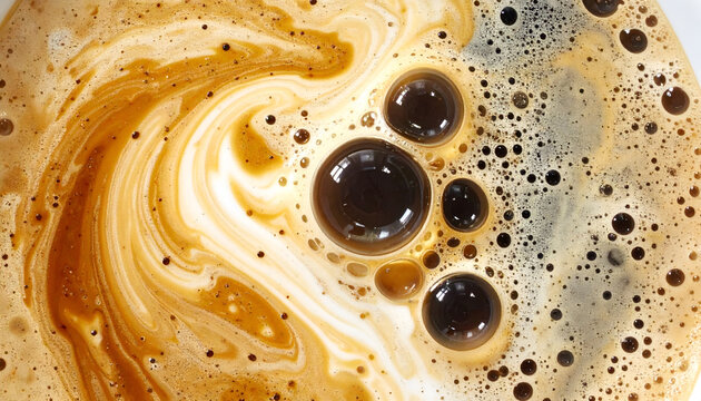 Close-up Macro Shot of Coffee Foam Bubbles and Swirls.