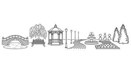 Fototapeta premium City park elements line icons set with bridge fountain gazebo bench lantern and topiary trees 