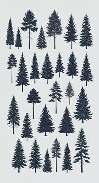 Hand drawn sketch style pine and fir tree silhouettes collection for forest landscape design