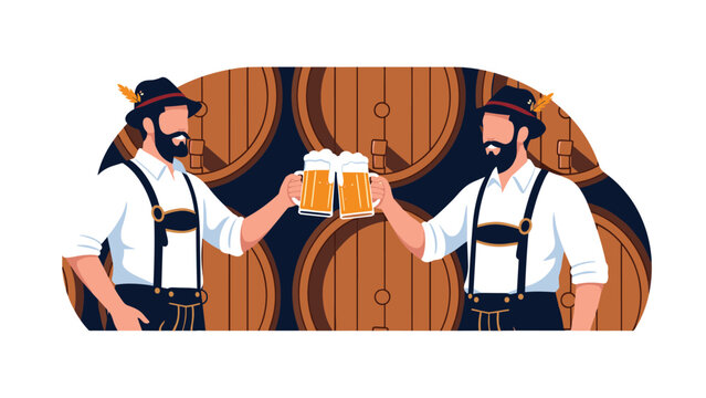 Two happy men in traditional Bavarian clothing clink beer mugs during Oktoberfest in front of wooden barrels.