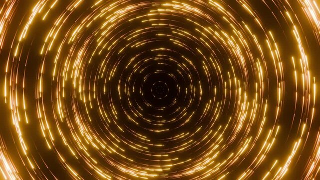 Luxury seamless loop animation of golden glowing dots forming a hypnotic circle tunnel, premium gold vortex backdrop on black background 3d render