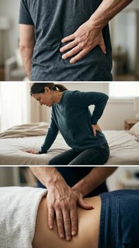Spinal ailment journey: complex disorder, acute pain, lumbar ache, nerve compression, disc hernia, therapy session, relief process, body heal.