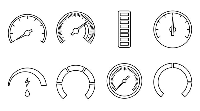 Car speedometer and dashboard line icons set with pressure gauge indicator and fuel meter
