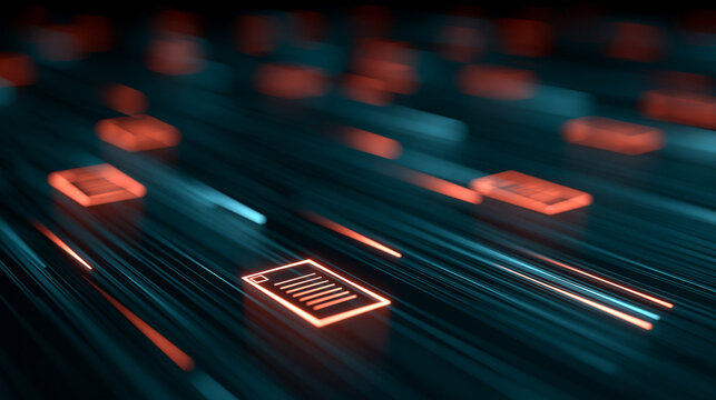 Glowing document icons stream along digital fiber optic lines in cyberspace. Data processing concept for IT security and cloud computing presentations.