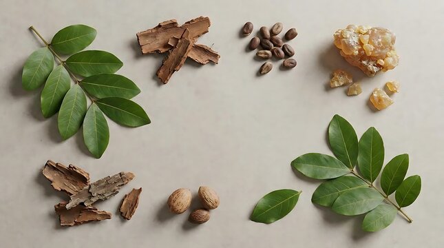 Copaifera officinalis resin and botanical elements arranged on a neutral background showing natural ingredients used for medicinal oils and organic beauty