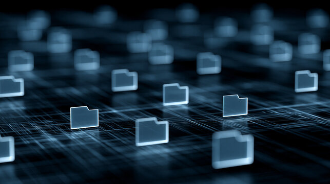 Glowing digital folder icons are scattered across a dark, futuristic grid surface with network lines. Represents data management, cloud computing, or digital organization concepts.