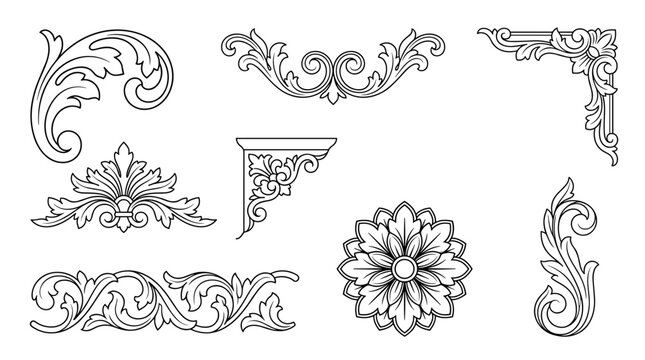 Baroque ornament line dividers set with vintage filigree frame corners and acanthus leaf rosette
