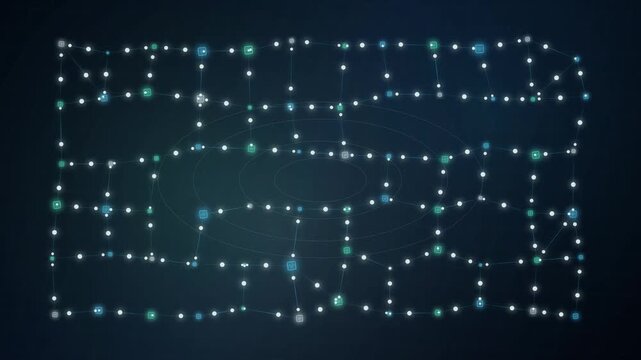 Glowing digital grid of connected nodes and data points forming a complex cyber network abstract background
