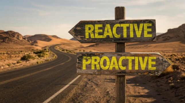 Wooden signpost with reactive and proactive signs on a desert road