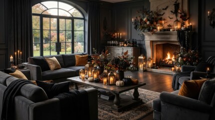 Obraz premium Cozy living room decorated for Halloween with a fireplace and pumpkins