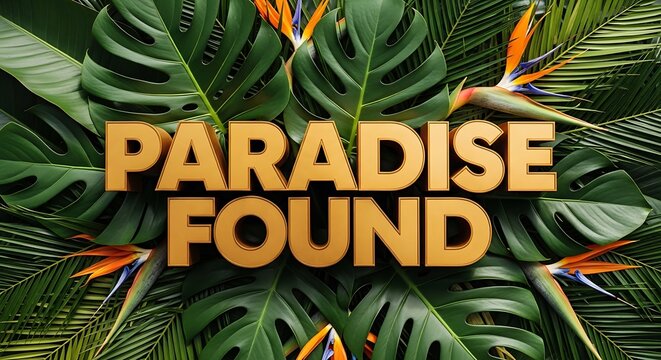 Paradise found tropical sign with bird of paradise flowers and palm leaves