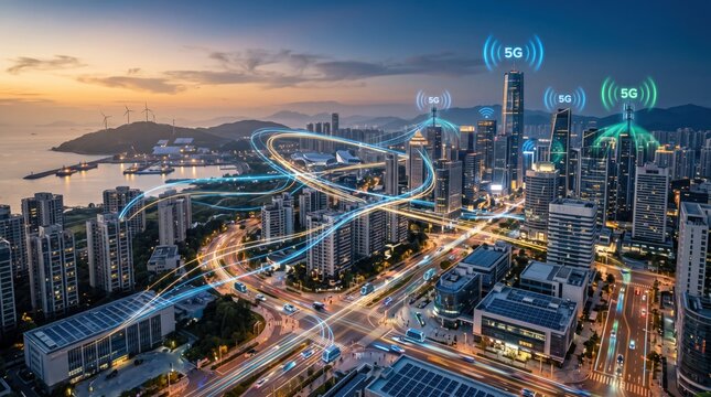 Aerial view of smart city at sunset with 5G wireless network connections, IoT internet of things technology linking skyscrapers and traffic, futuristic urban communication infra...