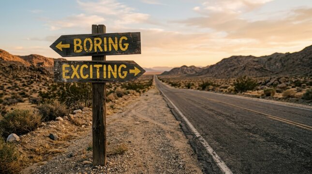 Wooden road sign in the desert pointing towards boring and exciting directions